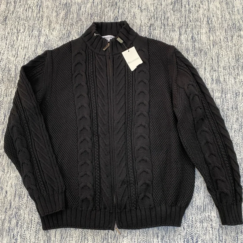 Belvedere Black Chunky Cable Knit Men's XL Cardigan Vintage NWT Old Money Luxury